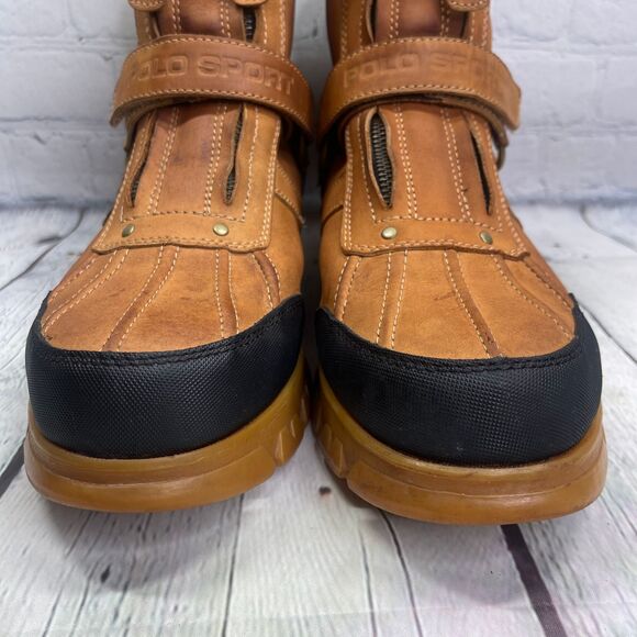 VTG Polo Ralph Lauren Sports Boots Tan Duck Leather Double Zip Strap Hunt Shoes - Picture 4 of 16